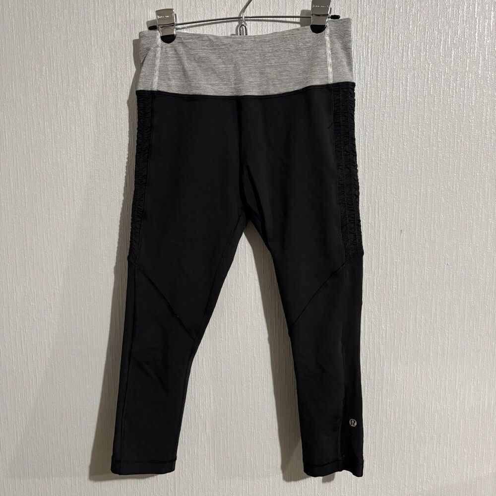 Lululemon Crop Leggings Black  Thin Stripe White Band Yoga Run Gym Women 8